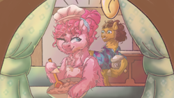 Size: 1280x720 | Tagged: safe, artist:meechiepeachie, cheese sandwich, pinkie pie, pony, g4, apron, clothes, cooking, ear fluff, female, fluffy, hat, hoof hold, indoors, male, mare, one eye closed, ship:cheesepie, shipping, smiling, stallion, story included, straight, wink