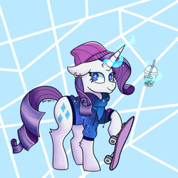 Size: 2000x2000 | Tagged: safe, artist:starlight-j, rarity, pony, unicorn, g4, abstract background, beanie, bubble tea, clothes, drink, ear piercing, earring, eyeshadow, hat, high res, hoodie, jewelry, levitation, magic, makeup, piercing, skateboard, smiling, solo, telekinesis