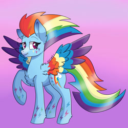 Size: 2000x2000 | Tagged: safe, artist:starlight-j, rainbow dash, pegasus, pony, g4, eyebrows, gradient background, grin, high res, rainbow power, raised hoof, smiling, solo, wings