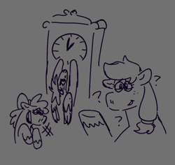 Size: 540x510 | Tagged: safe, artist:tezzbot, apple bloom, applejack, rainbow dash, earth pony, pegasus, pony, g4, drunk, drunker dash, grandfather clock