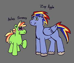 Size: 1149x976 | Tagged: safe, artist:tezzbot, oc, oc only, oc:atlas stratus, oc:zap apple, earth pony, pegasus, pony, brother and sister, colt, duo, female, filly, freckles, gray background, magical lesbian spawn, male, offspring, parent:applejack, parent:rainbow dash, parents:appledash, siblings, simple background