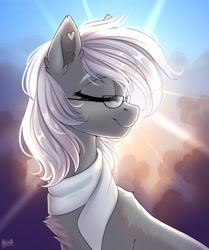 Size: 2920x3500 | Tagged: safe, artist:hakaina, oc, oc only, oc:chelley, pony, clothes, eyes closed, female, glasses, high res, mare, scarf, signature, solo, turned head