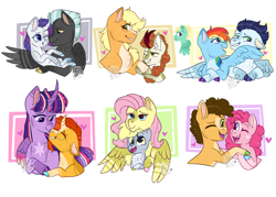 Size: 3690x2648 | Tagged: safe, artist:moccabliss, applejack, autumn blaze, cheese sandwich, derpy hooves, fluttershy, pinkie pie, rainbow dash, rarity, soarin', sunburst, thunderlane, twilight sparkle, zephyr breeze, alicorn, earth pony, pegasus, pony, unicorn, g4, colored hooves, curved horn, derpyshy, female, heart, high res, horn, hug, lesbian, male, mane six, mare, nonbinary, nonbinary autumn blaze, nonbinary cheese sandwich, nonbinary fluttershy, nonbinary pinkie pie, nonbinary rainbow dash, nonbinary twilight sparkle, ship:autumnjack, ship:cheesepie, ship:rarilane, ship:soarindash, ship:twiburst, shipping, size difference, stallion, straight, t4t, trans autumn blaze, trans cheese sandwich, trans fluttershy, trans pinkie pie, trans rainbow dash, trans soarin', trans sunburst, trans twilight sparkle, transgender, twilight sparkle (alicorn)