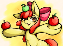 Size: 2094x1543 | Tagged: safe, artist:kyouman1010, apple bloom, earth pony, pony, g4, apple, balancing, blushing, female, filly, food, open mouth, open smile, smiling, solo