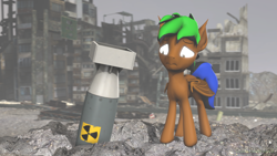 Size: 1920x1080 | Tagged: safe, artist:christian69229, oc, oc only, oc:coco nut, bat pony, pony, 3d, atomic bomb, bat pony oc, bomb, frown, male, nuclear weapon, solo, source filmmaker, stallion, this will end in death, weapon