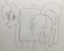 Size: 2836x2288 | Tagged: safe, artist:dynamo1940, derpy hooves, pony, g4, bubble butt, butt, buttstuck, high res, looking back, plot, solo, stuck, traditional art, underhoof