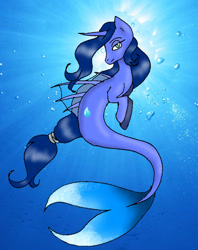 Size: 2180x2752 | Tagged: safe, artist:fensy, oc, oc only, hybrid, merpony, pony, seapony (g4), unicorn, blue mane, bubble, crepuscular rays, dorsal fin, fish tail, flowing mane, high res, horn, looking at you, ocean, seaponified, smiling, solo, species swap, sunlight, swimming, tail, underwater, water