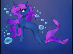 Size: 540x399 | Tagged: safe, artist:calla--lily, oc, oc only, merpony, pony, seapony (g4), unicorn, blue background, bubble, fins, fish tail, flowing mane, flowing tail, green eyes, horn, looking at you, ocean, purple mane, seaponified, signature, simple background, solo, species swap, tail, underwater, water