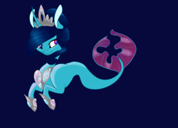 Size: 1280x922 | Tagged: safe, artist:thalilly, oc, oc only, merpony, pony, seapony (g4), unicorn, blue background, blue mane, crown, female, fish tail, flowing tail, hoof shoes, horn, jewelry, multicolored eyes, ocean, regalia, seaponified, seashell, simple background, solo, species swap, swimming, tail, underwater, water