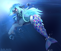 Size: 1200x1000 | Tagged: safe, artist:avalanto, oc, oc only, merpony, blue mane, bubble, commission, crepuscular rays, dorsal fin, female, fish tail, flowing mane, flowing tail, gills, ocean, open mouth, purple eyes, smiling, solo, sunlight, swimming, tail, teeth, underwater, water