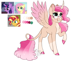Size: 2075x1792 | Tagged: safe, artist:moccabliss, fluttershy, sunset shimmer, twilight sparkle, alicorn, pony, g4, curved horn, fusion, glasses, horn, leonine tail, simple background, transparent background, twilight sparkle (alicorn)