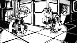 Size: 4252x2364 | Tagged: safe, artist:lexx2dot0, oc, oc only, oc:blackjack, oc:p-21, earth pony, pony, unicorn, fallout equestria, fallout equestria: project horizons, series:ph together we reread, black and white, clothes, fanfic art, grayscale, horn, jumpsuit, monochrome, pipbuck, small horn, vault, vault security armor, vault suit