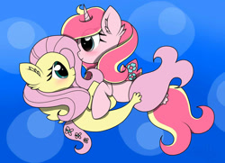 Size: 1024x742 | Tagged: safe, artist:detendobrony, fluttershy, oc, oc:rosa flame, alicorn, pegasus, pony, seapony (g4), unicorn, g4, blushing, bubble, canon x oc, dorsal fin, ear fluff, eyelashes, female, fish tail, flowing tail, green eyes, horn, lesbian, looking at each other, ocean, pink mane, seaponified, seapony fluttershy, shipping, smiling, species swap, tail, underwater, water, wings