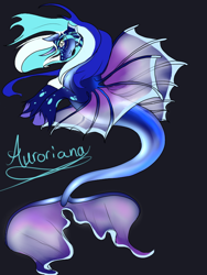 Size: 600x800 | Tagged: safe, artist:himesatou, oc, oc only, alicorn, hybrid, merpony, pony, seapony (g4), black background, blue mane, female, fin wings, fish tail, flowing mane, flowing tail, horn, multicolored hair, seaponified, signature, simple background, smiling, solo, species swap, tail, unshorn fetlocks, wings
