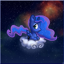 Size: 1024x1024 | Tagged: safe, artist:s-locon, princess luna, alicorn, pony, g4, chibi, cloud, cute, lunabetes, lying down, night, on a cloud, ponyloaf, profile, prone, sky, solo, space, stars