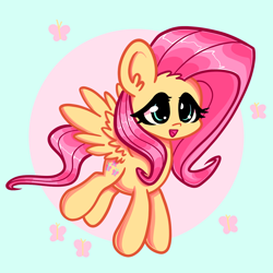 Size: 1400x1400 | Tagged: safe, artist:s-locon, fluttershy, butterfly, pegasus, pony, g4, cute, ear fluff, female, mare, open mouth, shyabetes, solo