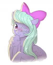 Size: 1075x1316 | Tagged: safe, artist:ghoasthead, flitter, pegasus, pony, g4, backlighting, blushing, bust, cute, female, flitterbetes, looking at you, mare, misleading thumbnail, one eye closed, simple background, solo, white background, wink