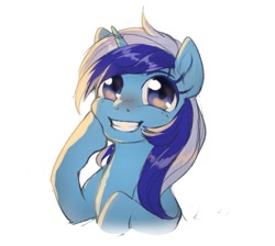 Size: 1145x1028 | Tagged: safe, artist:ghoasthead, minuette, pony, unicorn, g4, backlighting, blushing, bust, cute, female, mare, minubetes, simple background, smiling, solo, white background
