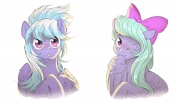 Size: 2576x1496 | Tagged: safe, artist:ghoasthead, cloudchaser, flitter, pegasus, pony, g4, backlighting, blushing, bust, cute, cutechaser, female, flitterbetes, looking at you, mare, one eye closed, siblings, simple background, sisters, white background, wink