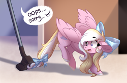 Size: 1953x1276 | Tagged: safe, artist:28gooddays, oc, oc only, oc:bay breeze, pegasus, pony, adorable distress, bow, commission, cute, female, hair bow, looking back, mare, offscreen character, offscreen human, open mouth, pegasus oc, scared, solo, speech bubble, tail bow, vacuum cleaner, wings, ych result