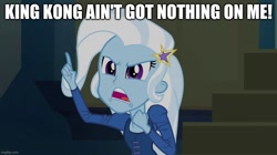 Size: 896x500 | Tagged: safe, edit, edited screencap, screencap, trixie, equestria girls, g4, my little pony equestria girls: rainbow rocks, caption, image macro, king kong, looney tunes, meme, space jam, space jam: a new legacy, text, trixie yells at everything