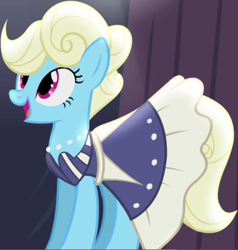 Size: 676x709 | Tagged: safe, screencap, eclair créme, jangles, earth pony, pony, for whom the sweetie belle toils, g4, background pony, clothes, cropped, dress, female, mare