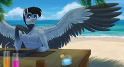 Size: 1280x692 | Tagged: safe, artist:tigra0118, oc, oc only, pegasus, anthro, artfight, beach, clothes, digital art, male, partial nudity, solo, topless