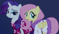 Size: 1292x759 | Tagged: safe, screencap, fluttershy, rarity, pegasus, pony, unicorn, g4, read it and weep, season 2, clothes, female, mare