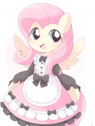 Size: 1240x1631 | Tagged: dead source, safe, artist:ginmaruxx, fluttershy, pegasus, pony, g4, blushing, clothes, cute, cuteness overload, daaaaaaaaaaaw, female, fluttermaid, happy, maid, mare, open mouth, shyabetes, simple background, solo, sweet dreams fuel, white background
