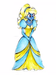 Size: 2489x3319 | Tagged: source needed, useless source url, safe, artist:liaaqila, oc, oc only, oc:azure/sapphire, equestria girls, g4, cinderella, clothes, crossdressing, dress, femboy, gown, high res, male, princess costume, simple background, traditional art, white background
