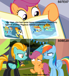 Size: 842x932 | Tagged: safe, screencap, lightning dust, rainbow dash, scootaloo, spitfire, pegasus, pony, g4, parental glideance, the washouts (episode), book, caption, clothes, continuity error, female, filly, mare, photography, text, uniform, washouts uniform