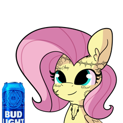 Size: 3000x3000 | Tagged: safe, artist:tjpones, fluttershy, pegasus, pony, g4, alcohol, beer, bud light, bust, cute, face tattoo, female, high res, mare, post malone, shyabetes, simple background, solo, tattoo, white background