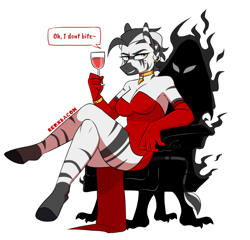 Size: 1280x1229 | Tagged: safe, artist:redxbacon, oc, oc only, oc:shauri (amity), zebra, anthro, unguligrade anthro, alcohol, breasts, chair, cleavage, clothes, crossed legs, dialogue, dress, glass, looking at you, red clothes, red dress, red gloves, red wine, sitting, solo, throne, wine, wine glass