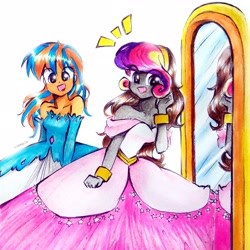Size: 2634x2634 | Tagged: safe, artist:liaaqila, princess cadance, oc, oc:cold front, oc:disty, human, equestria girls, g4, bracelet, clothes, cosplay, costume, crossdressing, cute, dress, evening gloves, femboy, gay, gloves, gown, hairband, happy, high res, jewelry, long gloves, male, mirror, oc x oc, princess costume, shipping, smiling, traditional art, wholesome, wig