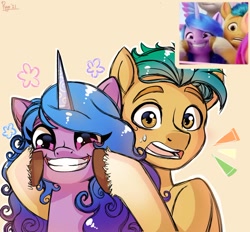 Size: 1114x1035 | Tagged: safe, artist:puyohh, hitch trailblazer, izzy moonbow, earth pony, pony, unicorn, g5, cute, duo, female, forced smile, grin, hitchbetes, izzybetes, male, mare, markings, open mouth, raised hoof, scene interpretation, screencap reference, smiling, stallion, startled, sweat, sweatdrop, unshorn fetlocks