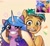 Size: 1114x1035 | Tagged: safe, artist:puyohh, hitch trailblazer, izzy moonbow, earth pony, pony, unicorn, g5, cute, duo, female, forced smile, grin, hitchbetes, izzybetes, male, mare, markings, open mouth, raised hoof, scene interpretation, screencap reference, smiling, stallion, startled, sweat, sweatdrop, unshorn fetlocks