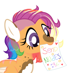 Size: 2168x2300 | Tagged: safe, artist:vi45, scootaloo, pegasus, pony, g4, alternate hairstyle, commission, female, high res, mare, markings, meme, mouth hold, older, older scootaloo, paper, redesign, scar, send nudes, simple background, solo, white background, ych result