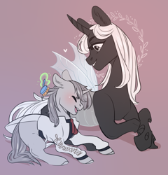 Size: 2784x2896 | Tagged: source needed, safe, artist:vasenka_1337, oc, oc only, oc:queen venyx, oc:yiazmat, changeling, changeling queen, pony, unicorn, brushing, brushing mane, changeling queen oc, duo, female, high res, male