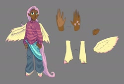Size: 1864x1259 | Tagged: safe, artist:villainappie, fluttershy, human, pegasus, satyr, g4, alternative cutie mark placement, clothes, dark skin, gray background, hooves, pants, sarong, satyrized, simple background, solo, sweater, sweatershy, wings