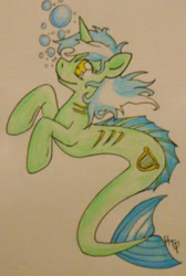 Size: 406x603 | Tagged: safe, artist:haterthepony, lyra heartstrings, merpony, pony, seapony (g4), unicorn, g4, bubble, dorsal fin, female, fish tail, flowing mane, flowing tail, gills, horn, looking up, seaponified, seapony lyra, simple background, smiling, solo, species swap, tail, traditional art, white background, yellow eyes