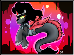 Size: 2040x1513 | Tagged: safe, artist:chaosmauser, merpony, pony, seapony (g4), unicorn, black mane, bubble, crown, deviantart watermark, fangs, fin wings, fish tail, hoof shoes, horn, jewelry, male, obtrusive watermark, red background, red eyes, regalia, seaponified, simple background, solo, species swap, stallion, tail, underwater, water, watermark, wings
