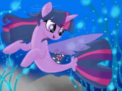 Size: 960x720 | Tagged: safe, artist:lightstar2001, twilight sparkle, alicorn, pony, seapony (g4), g4, bioluminescent, bubble, deviantart watermark, dorsal fin, female, fin wings, fish tail, flowing mane, flowing tail, horn, obtrusive watermark, ocean, open mouth, purple eyes, seaponified, seapony twilight, seaweed, smiling, solo, species swap, tail, twilight sparkle (alicorn), underwater, water, watermark, wings
