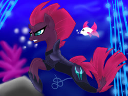 Size: 960x720 | Tagged: safe, artist:lightstar2001, tempest shadow, fish, pony, seapony (g4), unicorn, g4, bubble, clothes, coral, deviantart watermark, dorsal fin, female, fish tail, flowing tail, green eyes, hoof shoes, obtrusive watermark, ocean, red mane, rock, seaponified, seapony tempest shadow, signature, solo, species swap, swimming, tail, teeth, underwater, water, watermark