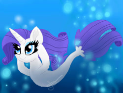 Size: 960x720 | Tagged: safe, artist:lightstar2001, rarity, pony, seapony (g4), unicorn, g4, bioluminescent, blue eyes, blue mane, bubble, colored pupils, deviantart watermark, dorsal fin, eyelashes, female, fish tail, flowing mane, flowing tail, horn, obtrusive watermark, ocean, seaponified, seapony rarity, seaweed, signature, smiling, solo, species swap, swimming, tail, underwater, water, watermark