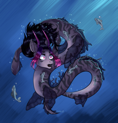 Size: 1080x1128 | Tagged: safe, artist:yunlo, oc, oc only, fish, hybrid, merpony, sea pony, bubble, crepuscular rays, dorsal fin, fangs, fins, flowing mane, horns, ocean, open mouth, solo, swimming, underwater, water, wingding eyes