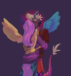 Size: 1028x1096 | Tagged: safe, artist:villainappie, discord, fluttershy, draconequus, pegasus, anthro, g4, ambiguous facial structure, clothes, female, hug, male, ship:discoshy, shipping, straight, sweater, sweatershy