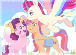 Size: 1000x733 | Tagged: safe, artist:renciel, pipp petals, sunny starscout, zipp storm, earth pony, pegasus, pony, g5, adorapipp, adorazipp, cloud, cute, female, flying, hoof hold, mare, open mouth, phone, royal sisters (g5), selfie, siblings, sisters, spread wings, wings