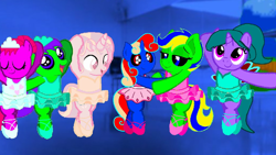 Size: 960x540 | Tagged: safe, artist:angrymetal, oc, oc:angrymetal, oc:emeraldmetal, oc:etoile assolutadonna, oc:greenmetal, oc:lovemetal, oc:sallyvevo, alicorn, pony, unicorn, 1000 hours in ms paint, arms in the air, ballerina, ballet, ballet slippers, bipedal, clothes, crossdressing, en pointe, eyes closed, female, femboy, friends, male, needs more saturation, on hind legs, one arm up, open mouth, parent:rarity, parents:canon x oc, pas de deux, poses, standing on one leg, tutu, tutus, wings