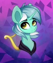 Size: 1875x2250 | Tagged: safe, artist:stravy_vox, lyra heartstrings, pony, unicorn, fanfic:background pony, g4, abstract background, bust, clothes, dig the swell hoodie, hoodie, lyre, musical instrument, portrait, solo