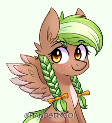 Size: 692x757 | Tagged: safe, artist:handgunboi, oc, oc only, oc:sylvia evergreen, pegasus, pony, blushing, bow, ear fluff, freckles, looking away, pale belly, simple background, solo, spread wings, two toned mane, two toned tail, two toned wings, white belly, wings